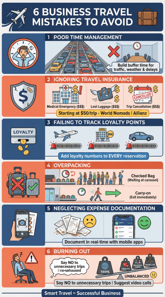 6 business travel mistakes infographic: time management, insurance, loyalty points, overpacking, expenses, burnout. Smart travel = success.