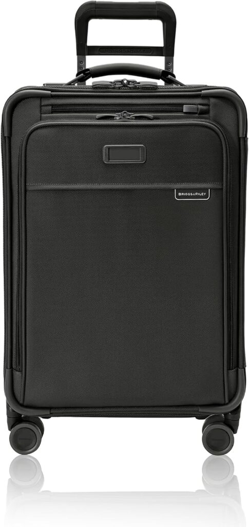 Black Briggs & Riley carry-on luggage, ideal for business travelers. Durable, compact rolling suitcase.