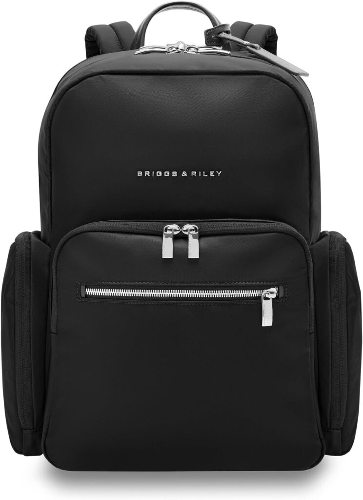 Black Briggs &amp; Riley backpack with silver zippers and logo. Briggs &amp; Riley Review.