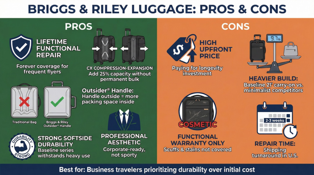 Briggs &amp; Riley luggage pros and cons: lifetime repair, compression, high price, heavier build, cosmetic warranty only.