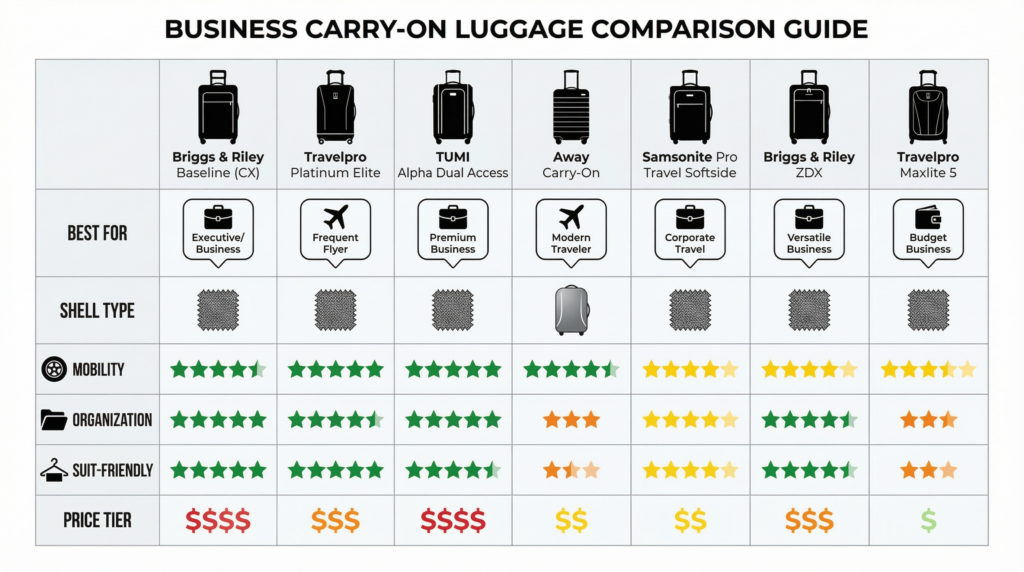 Business carry-on luggage comparison guide featuring Briggs &amp; Riley, Travelpro, TUMI, Away, and Samsonite.