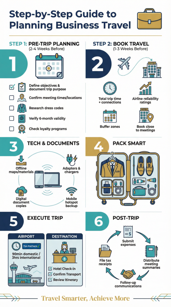 Business travel planning guide infographic: pre-trip, booking, tech, packing, execution, post-trip. Complete Guide to Travel for Business.