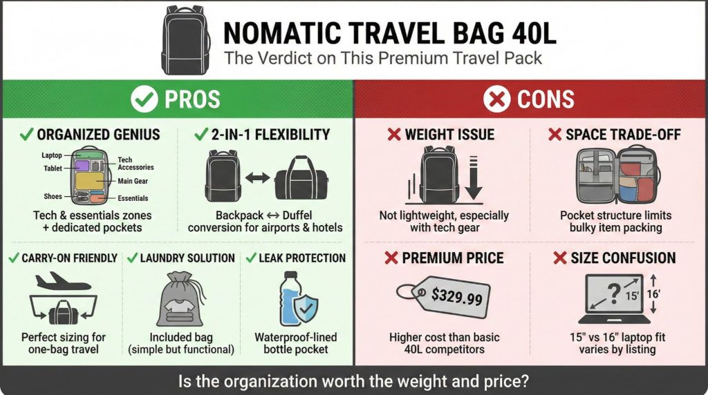 Nomatic Travel Pack 40L Review: Pros and cons infographic highlighting features like organization, weight, and price.