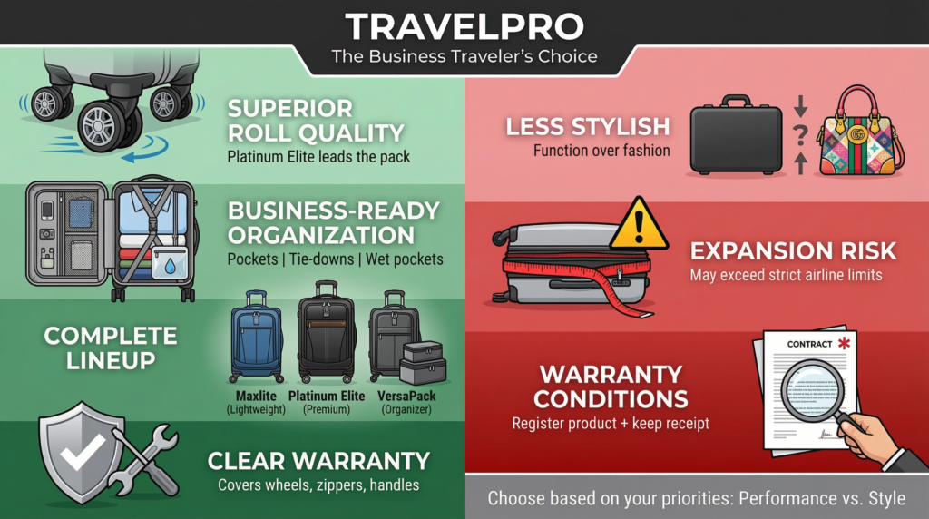 Travelpro luggage lineup: Maxlite, Platinum Elite, VersaPack. Features: roll quality, organization, warranty. Expansion risk, less style.