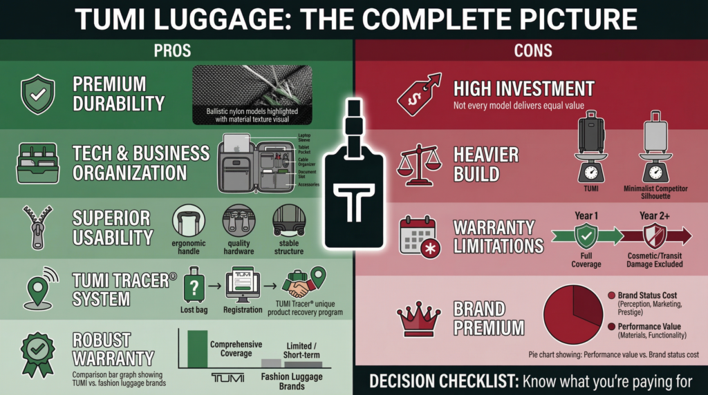 Tumi review: Pros and cons of Tumi luggage, including durability, organization, warranty, and cost.