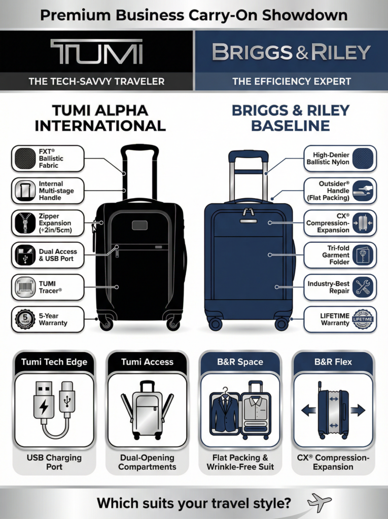 Tumi Alpha International vs. Briggs & Riley Baseline luggage comparison. Tumi vs. Briggs & Riley for business travel.