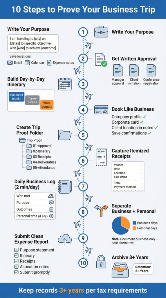 Infographic: 10 steps to prove your trip is for business, including writing purpose, approval, itinerary, receipts, and archiving.