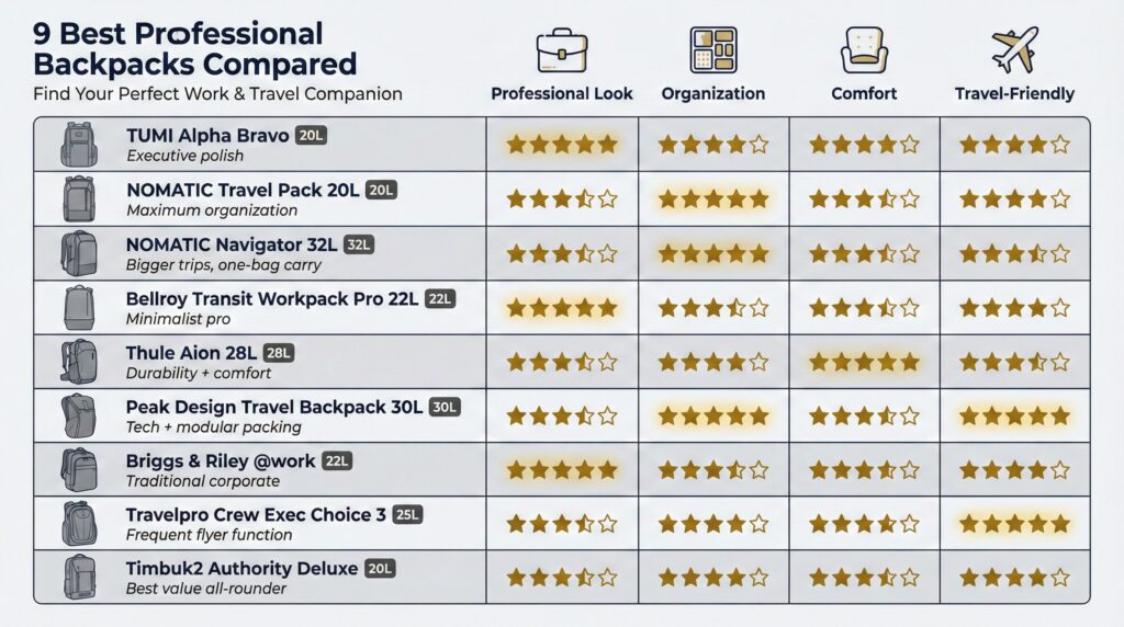 Comparison chart of 9 professional laptop backpacks: Tumi, Nomatic, Bellroy, Thule, Peak Design, Briggs & Riley, Travelpro, Timbuk2.