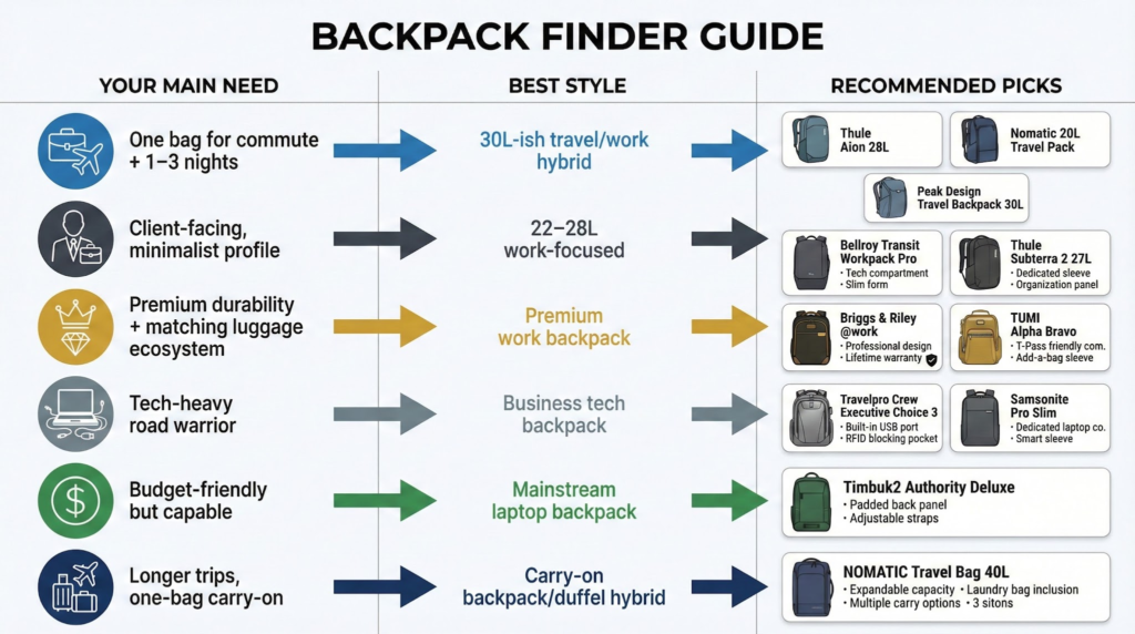 Backpack finder guide for business travel, showing best styles and recommended picks.