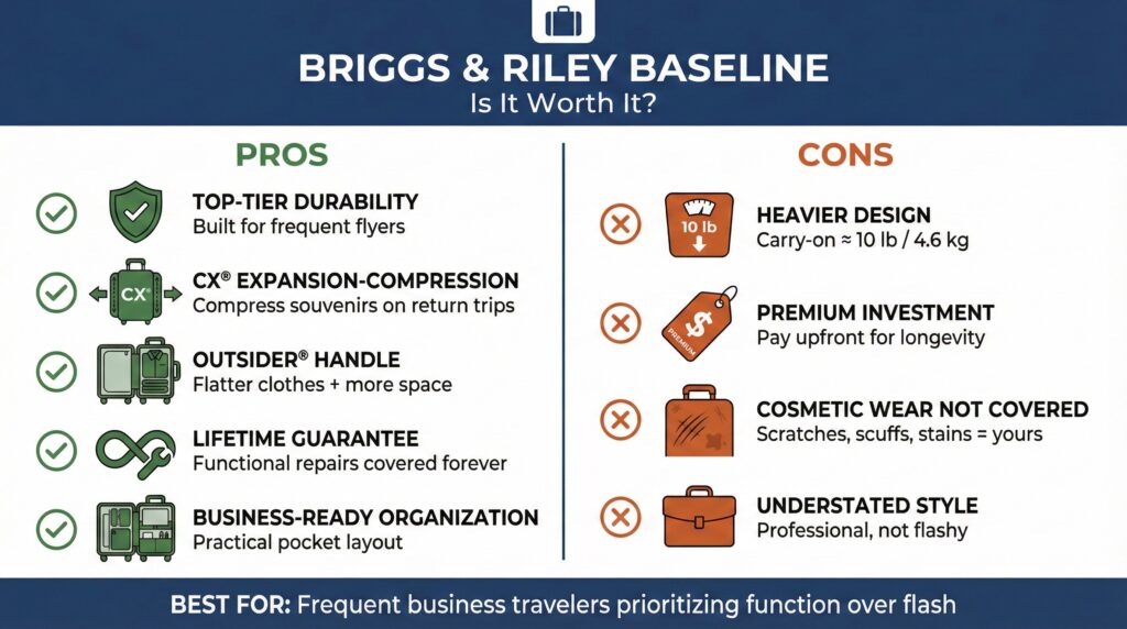 Briggs & Riley Baseline Review: Pros and cons list for this durable luggage, ideal for business travelers.