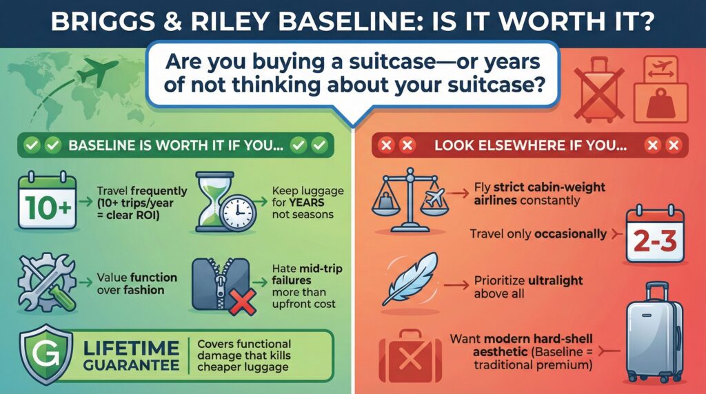 Briggs & Riley Baseline Review: Is it worth it? Pros: frequent travel, durability. Cons: strict cabin weight, occasional travel.