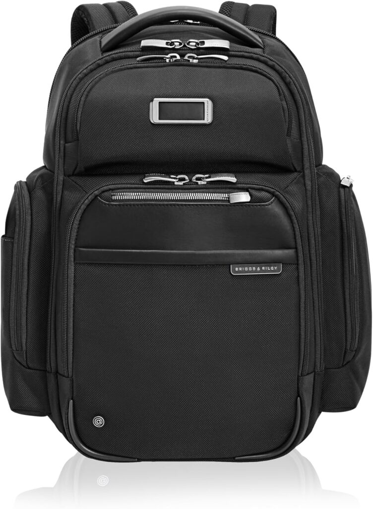 Black Briggs & Riley backpack, ideal for travel for business, with multiple compartments and a sleek design.