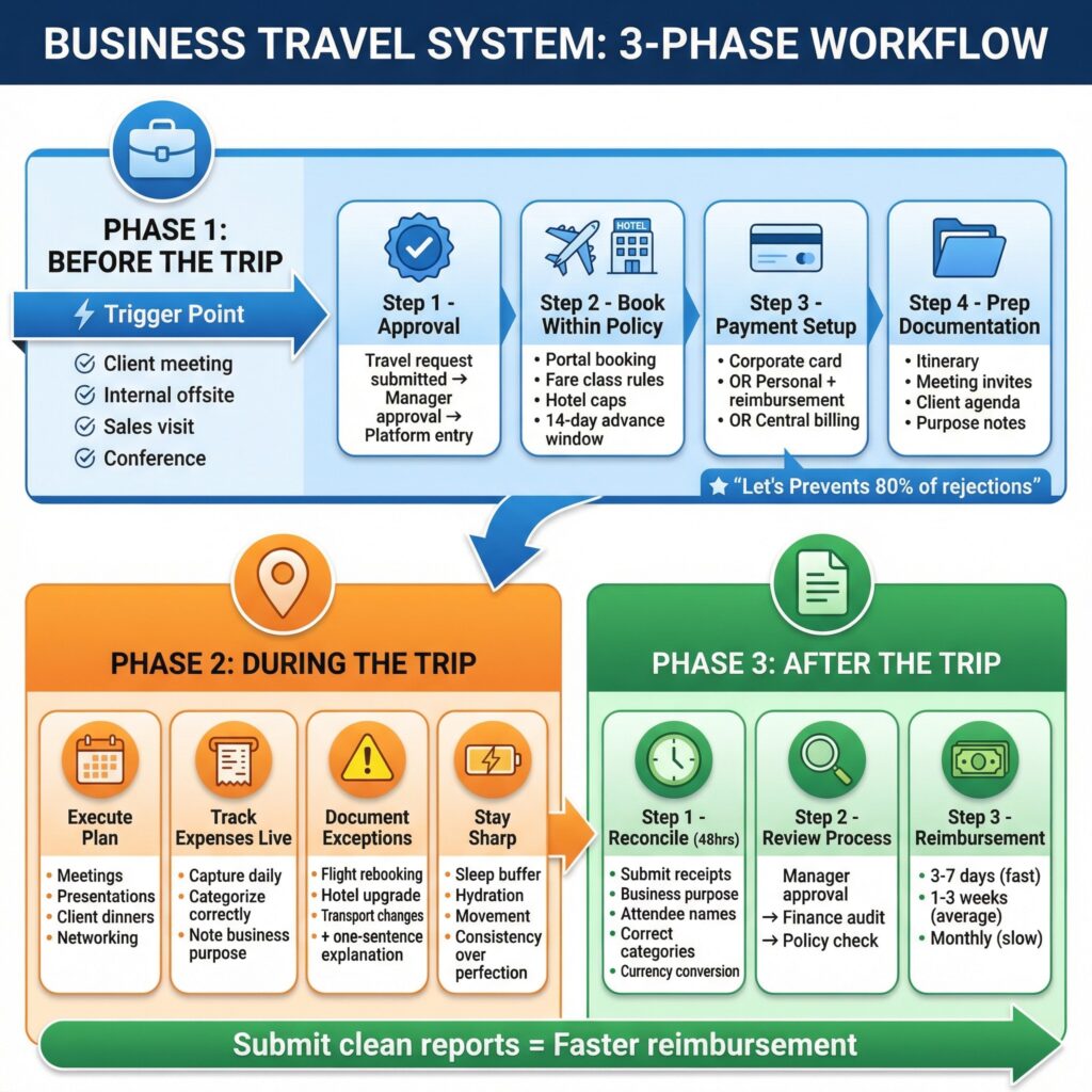Business travel workflow: 3-phase system covering pre-trip, during, and post-trip stages.