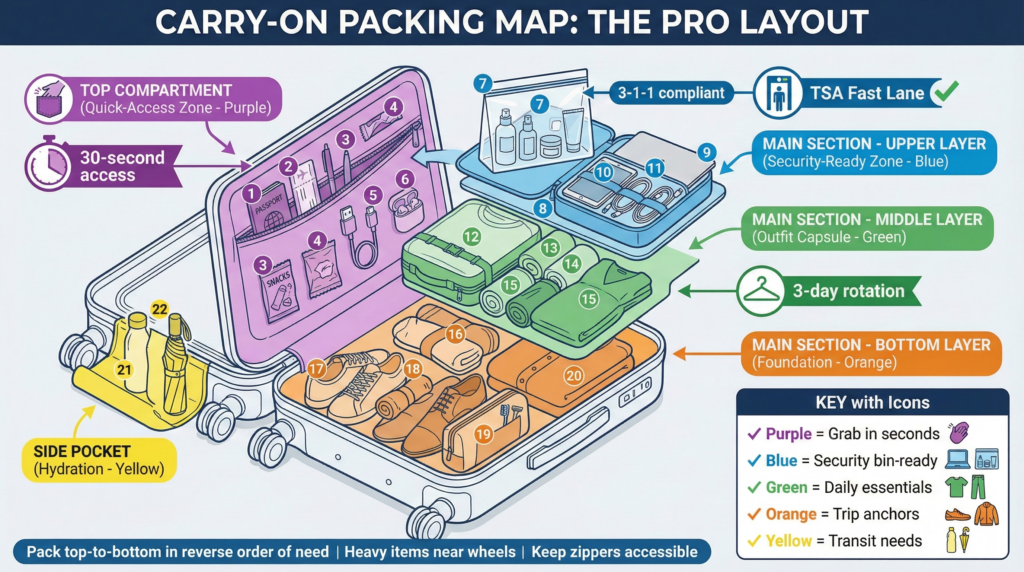 Carry-on packing map for efficient travel. Text: "Carry-on Packing Map: The Pro Layout".