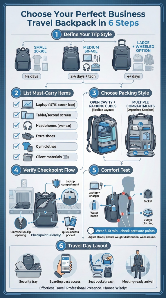 Business travel backpack guide: size, must-carry items, packing style, checkpoint flow, comfort, and travel day layout.