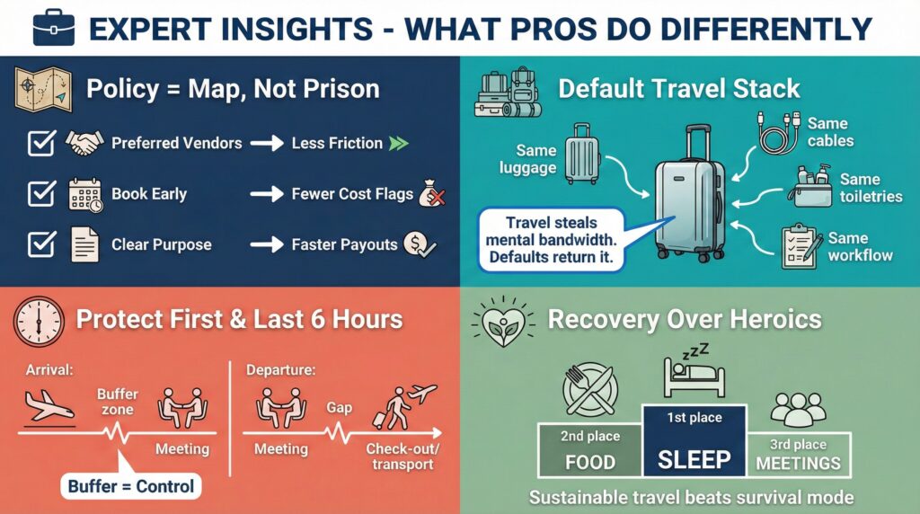 Expert insights for business travel: Policy as a map, default travel stack, protect hours, recovery. How does business travel work?
