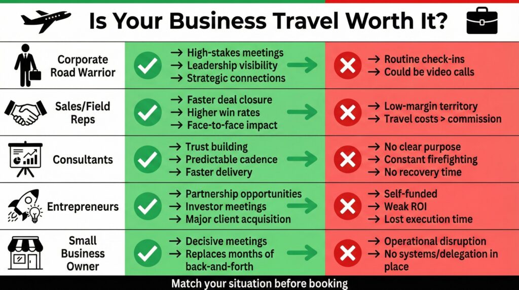 Infographic: Is business travel worth it? Outlines when travel is beneficial vs. when video calls or other solutions are better.