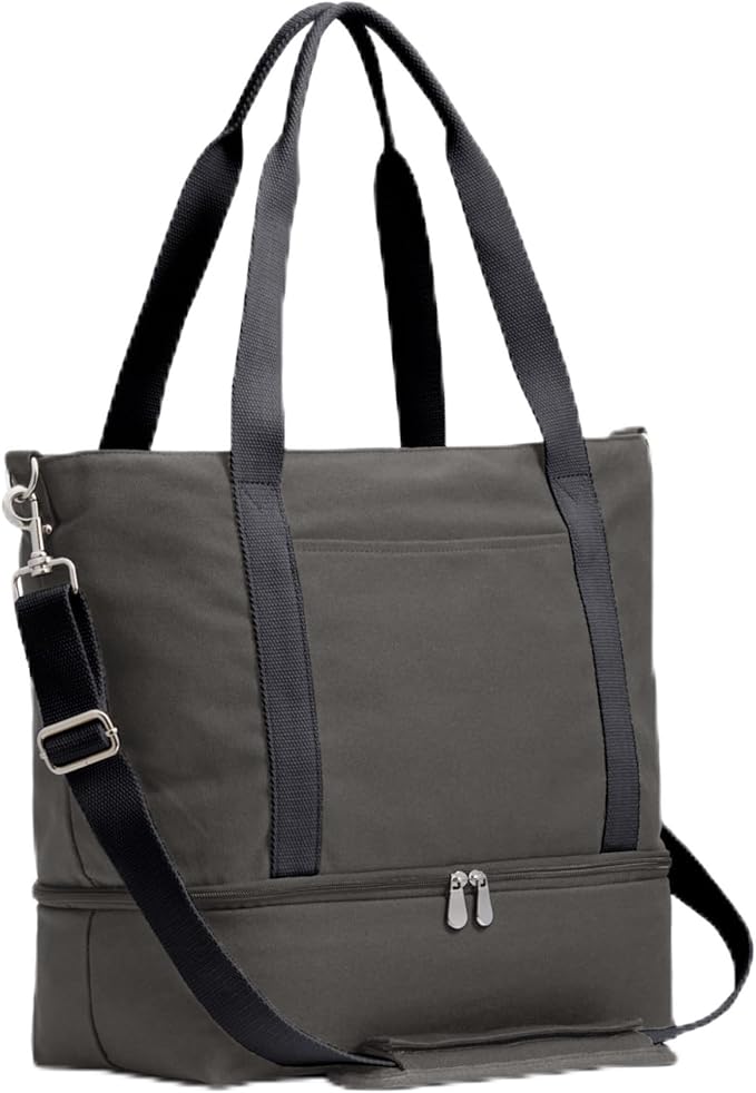Lo & Sons Review: Gray Catalina Deluxe tote bag with shoulder strap and top handles.
