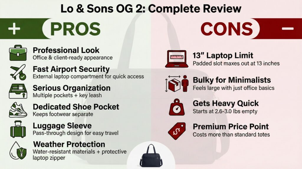 Lo & Sons OG 2 review: Pros and cons infographic highlighting features like laptop compartment, shoe pocket, and price point.