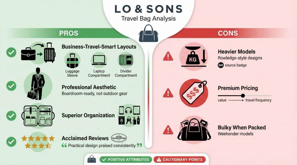 Lo & Sons Review: Travel bag analysis showing pros (layouts, aesthetics, organization, reviews) and cons (weight, price, bulk).