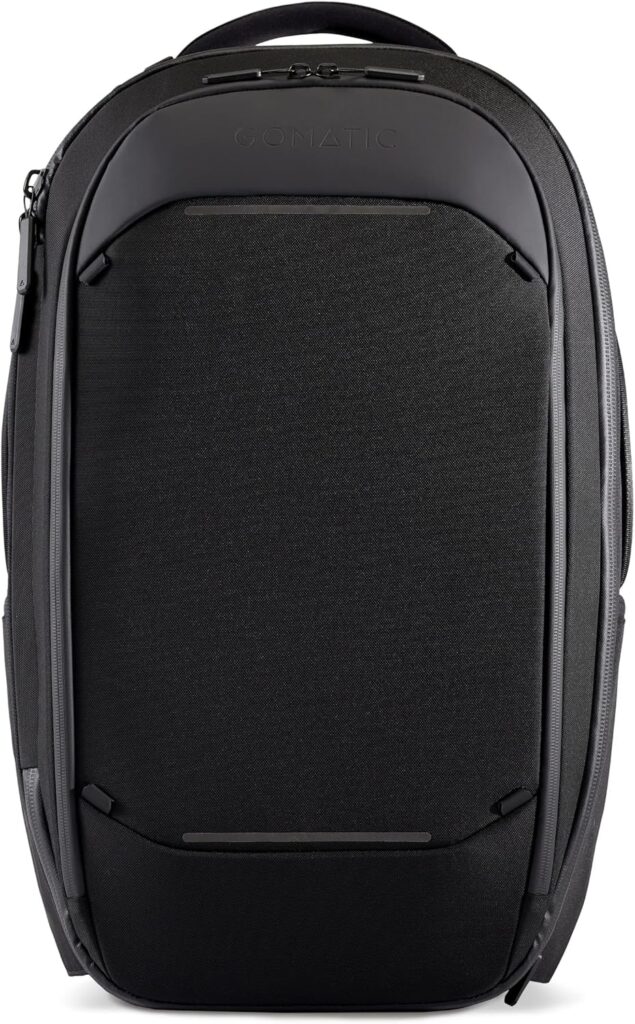 Front view of a black Nomatic backpack. Nomatic Review.