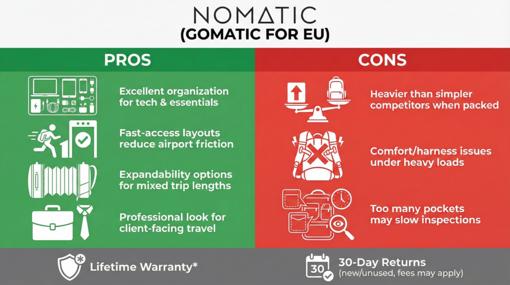 Nomatic backpack pros and cons chart for a Nomatic Review. Lists organization, warranty, and return policy.