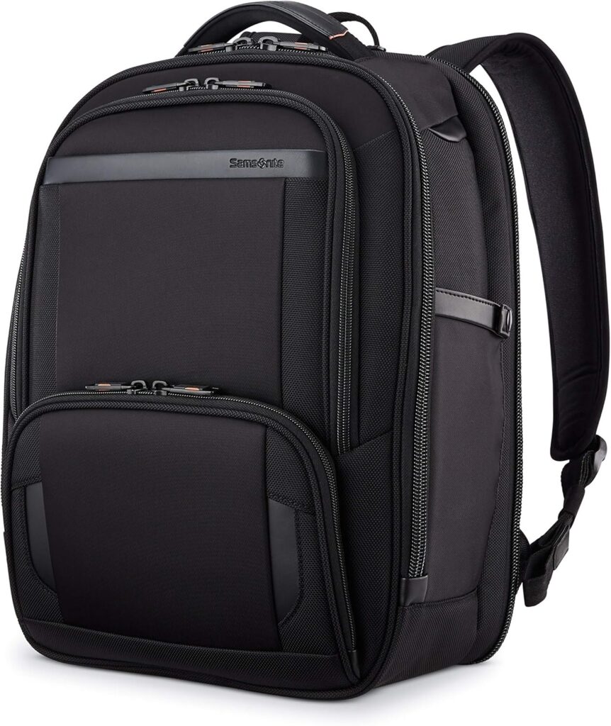Black Samsonite backpack, ideal for travel for business, with multiple compartments and sleek design.