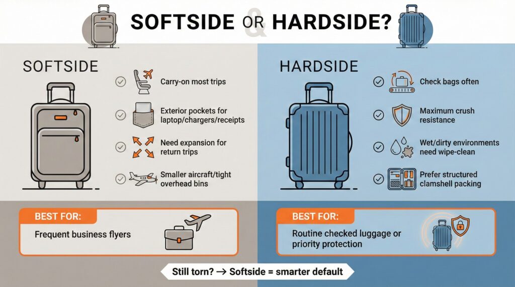Softside vs. Hardside luggage comparison for business travel, outlining pros and cons of each type.