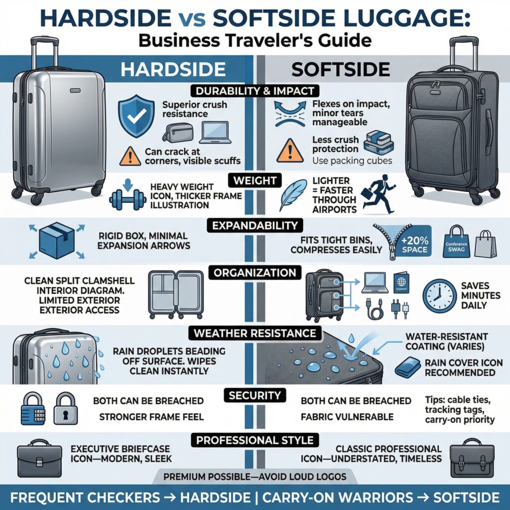 Hardside vs softside luggage comparison chart for business travel: durability, weight, expandability, security, and style.