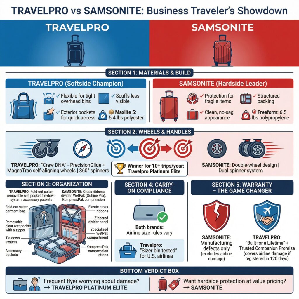 Travelpro vs. Samsonite for Business Travel comparison chart: materials, wheels, organization, warranty.