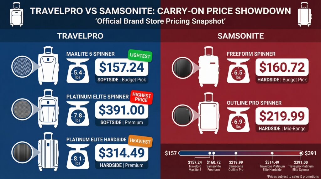 Travelpro vs Samsonite carry-on luggage price comparison: Maxlite 5, Freeform, Platinum Elite, Outline Pro.