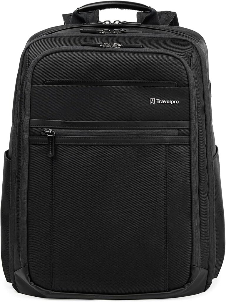 Black Travelpro backpack, ideal for travel for business, with multiple zippered compartments.