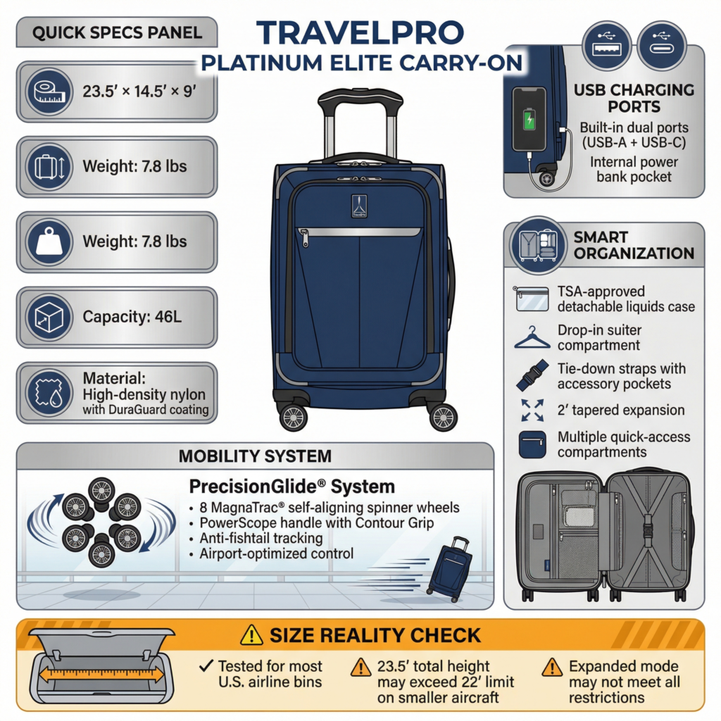 Travelpro Platinum Elite Carry-on features, including dimensions, weight, USB ports, organization, and mobility system.