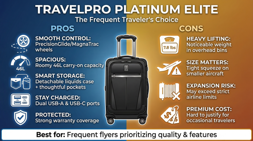 Travelpro Platinum Elite review: Pros and cons of the carry-on luggage including smooth control, spacious, and premium cost.