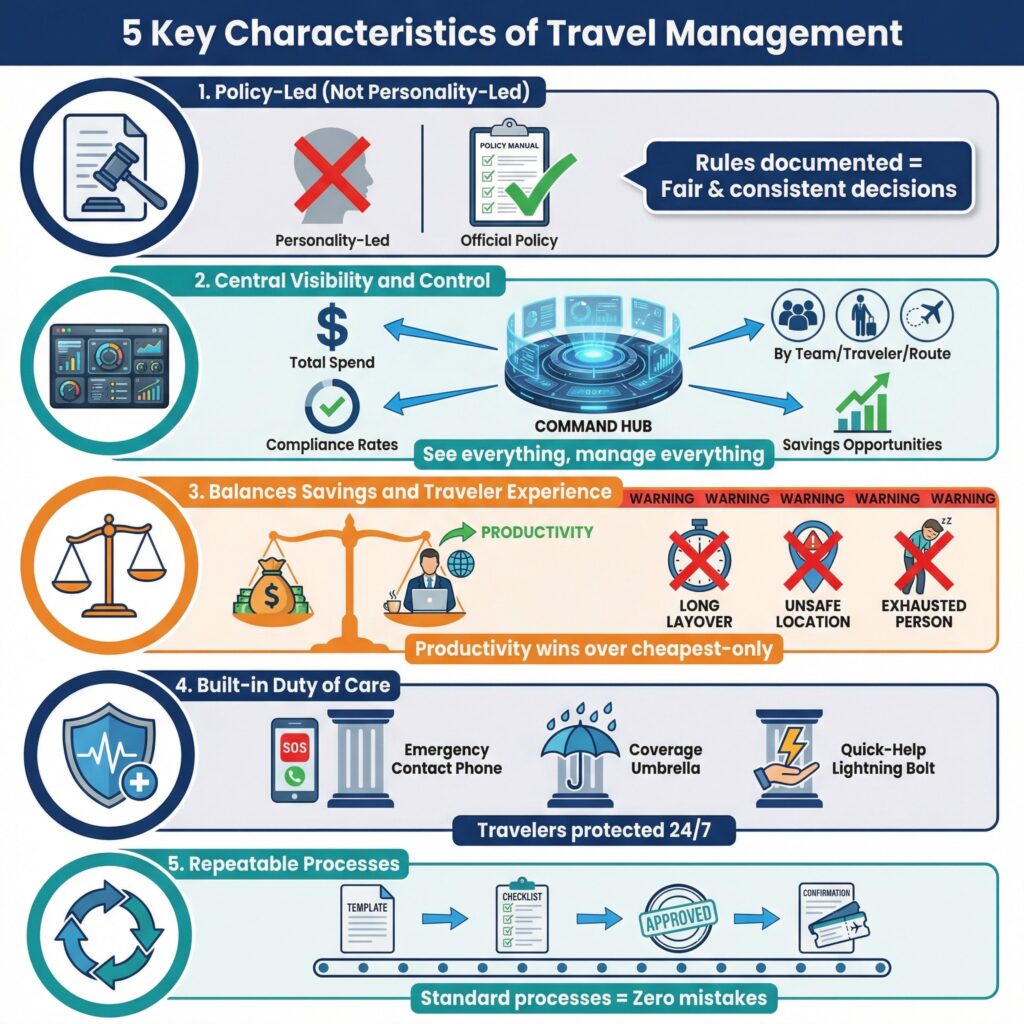 Travel management characteristics: policy-led, central control, savings, duty of care, repeatable. "What is the meaning of travel management?