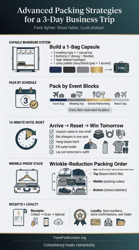 Packing strategies infographic for a 3-day business trip: capsule wardrobe, packing schedule, hotel reset, wrinkle reduction, receipts.