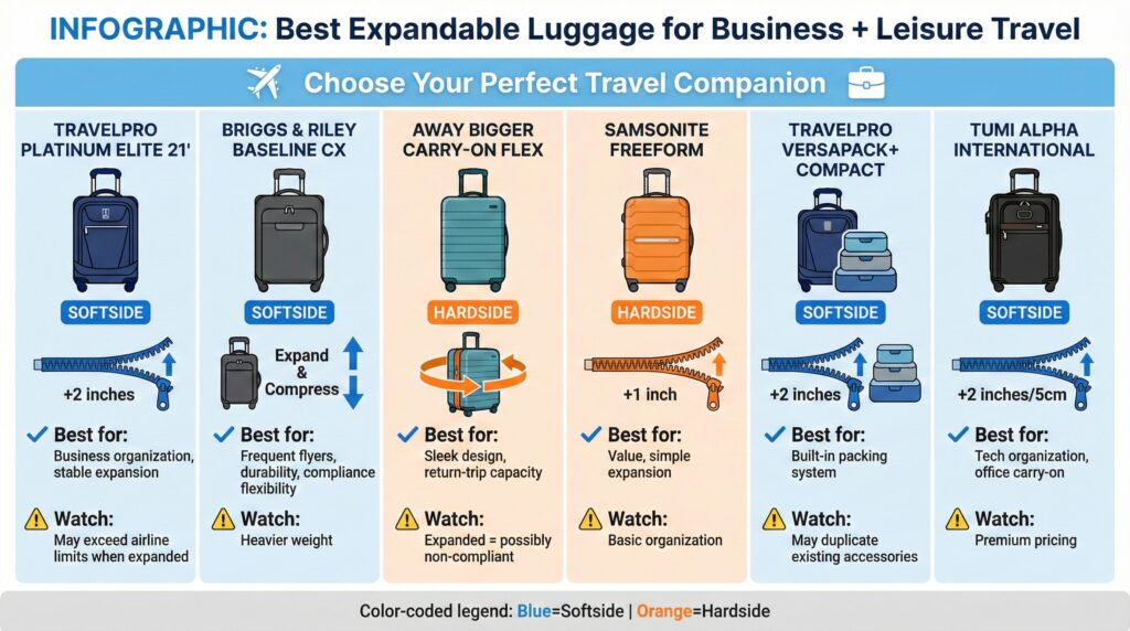 Best expandable luggage for business travel: Travelpro, Briggs & Riley, Away, Samsonite, and Tumi compared.