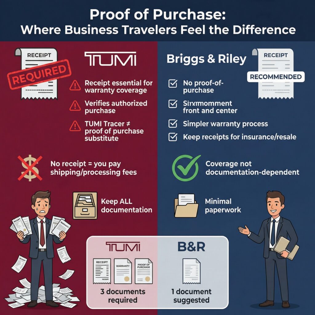 Briggs & Riley vs. Tumi Warranty: Proof of purchase requirements comparison.