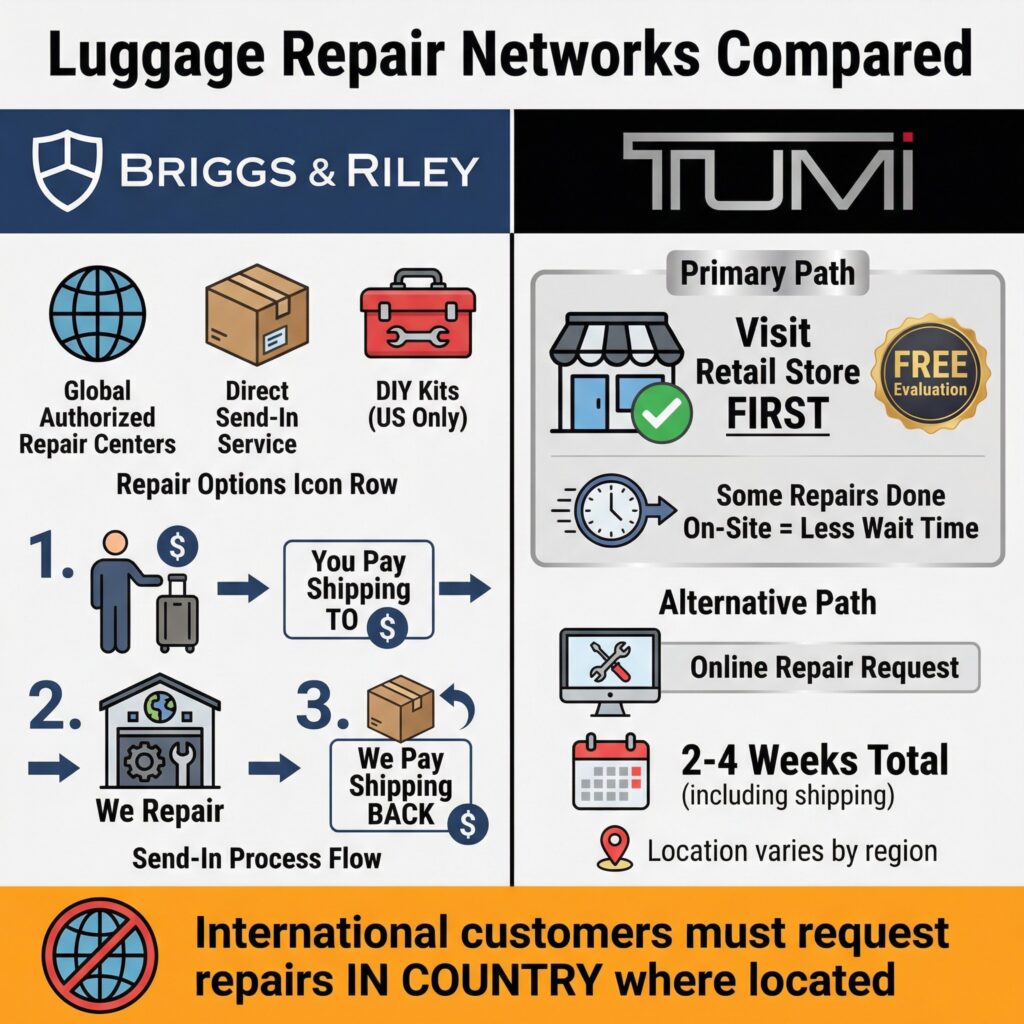 Briggs & Riley vs. Tumi Warranty and Repair comparison chart. Text: Repair options, send-in process.