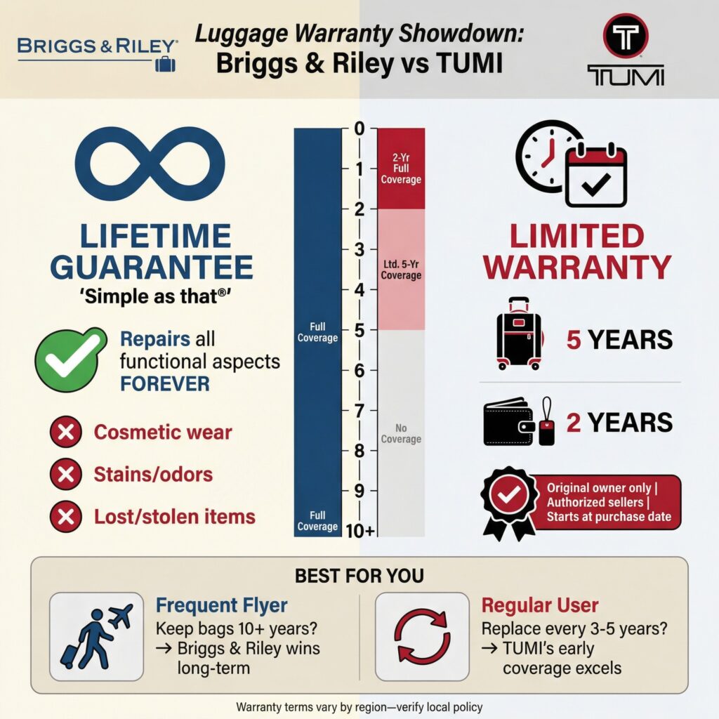 Briggs & Riley vs Tumi luggage warranty comparison: Lifetime guarantee vs limited warranty. Best for frequent or regular users.