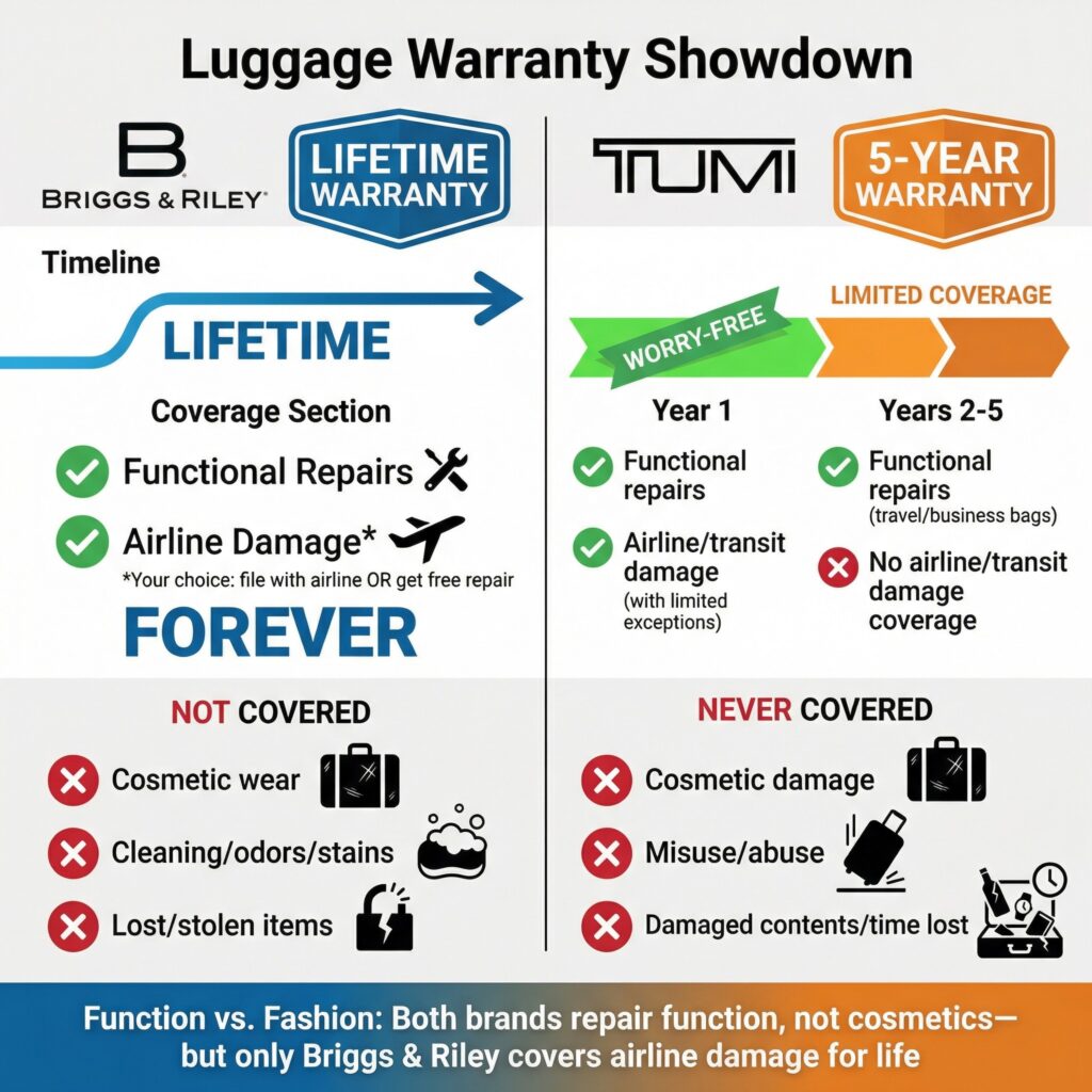 Briggs & Riley vs Tumi luggage warranty comparison: Briggs & Riley offers a lifetime warranty, Tumi offers 5 years.