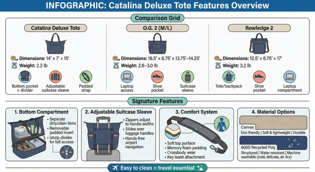 Infographic: Lo & Sons Catalina Deluxe Tote features, dimensions, materials, and comfort system. Easy to clean, travel essential.
