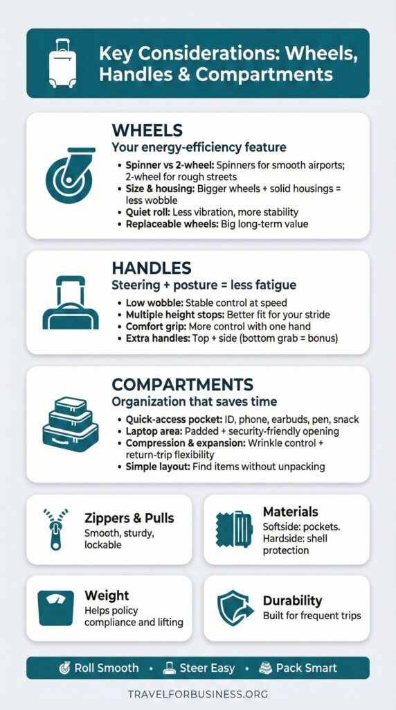 Business travel luggage features: wheels, handles, compartments. Roll smooth, steer easy, pack smart.