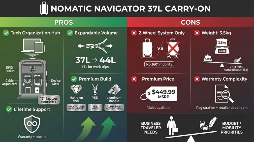 Nomatic Navigator Carry-On Review: Pros and cons infographic, including expandable volume and 2-wheel system.