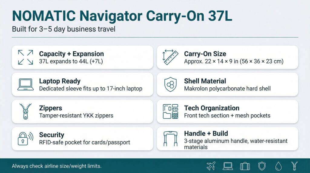 Nomatic Navigator Carry-On 37L features: capacity, carry-on size, laptop ready, shell material, zippers, tech organization, security, handle and build.