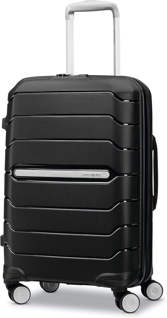 Black Samsonite expandable luggage, ideal for business travel and leisure.