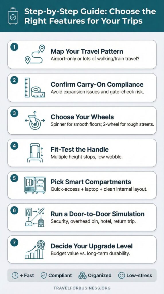 Step-by-step guide: Choose the right business travel luggage features, including wheels, handles, and compartments.