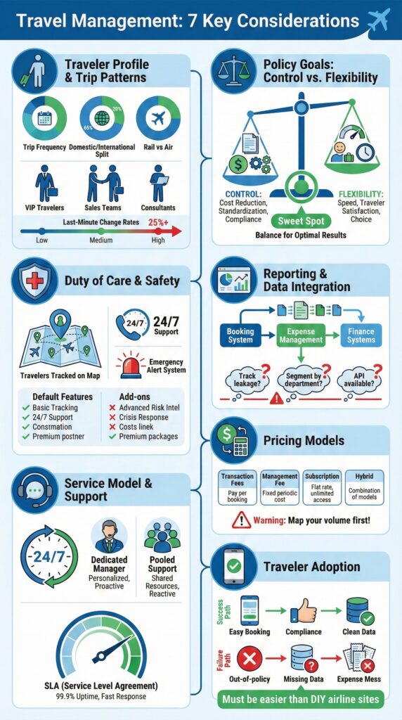 Travel management infographic: traveler profiles, policy goals, duty of care, reporting, pricing, support, and adoption.
