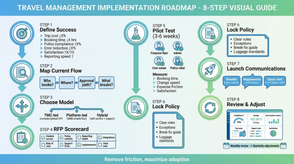 Travel management implementation roadmap: define success, map flow, choose model, RFP, pilot, lock policy, launch, review.