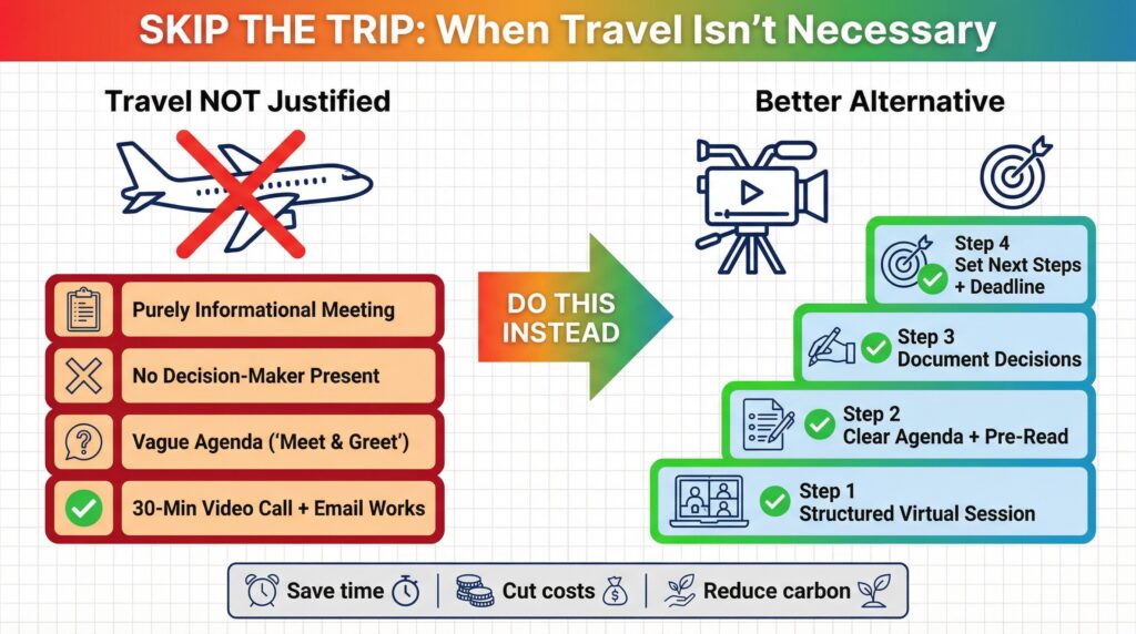 Alternatives to business travel: virtual meetings, clear agendas, documenting decisions, and setting deadlines. Reduce carbon footprint.